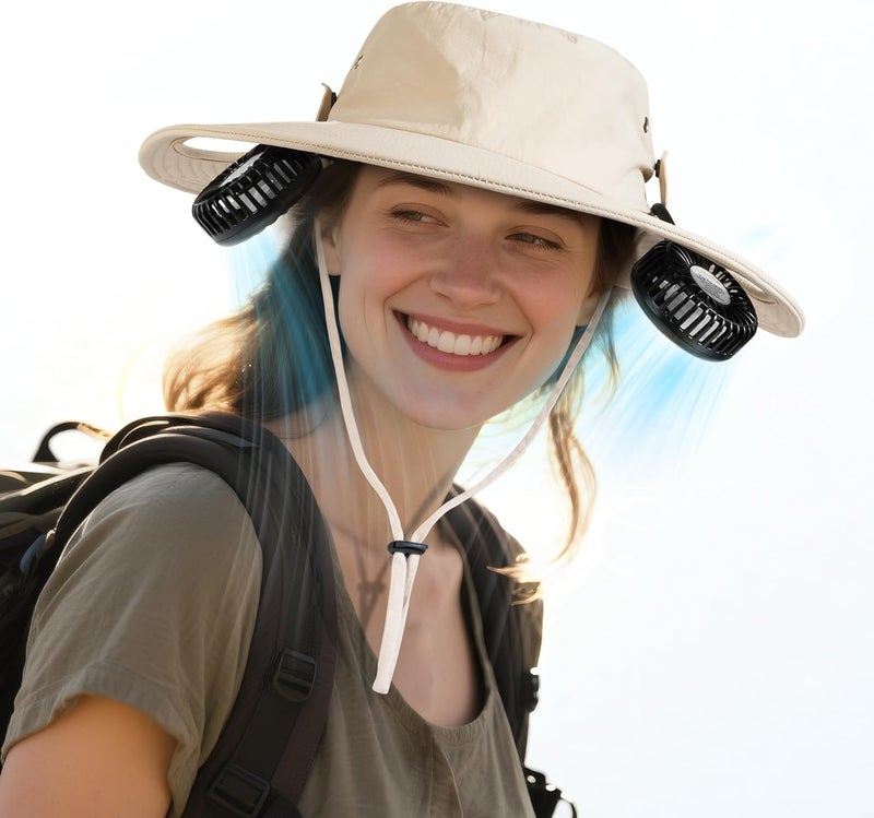 AMACOOL 2-in-1 Hands-free Hat Fan with Detachable Neck Fan, UPF 50+ Wide Brim Sun Hat, 3-Speed Adjustable, 2600mAh Rechargeable Fishing Essentials for Men Women Camping Travel Delivery Outdoor-Khaki - Image 1
